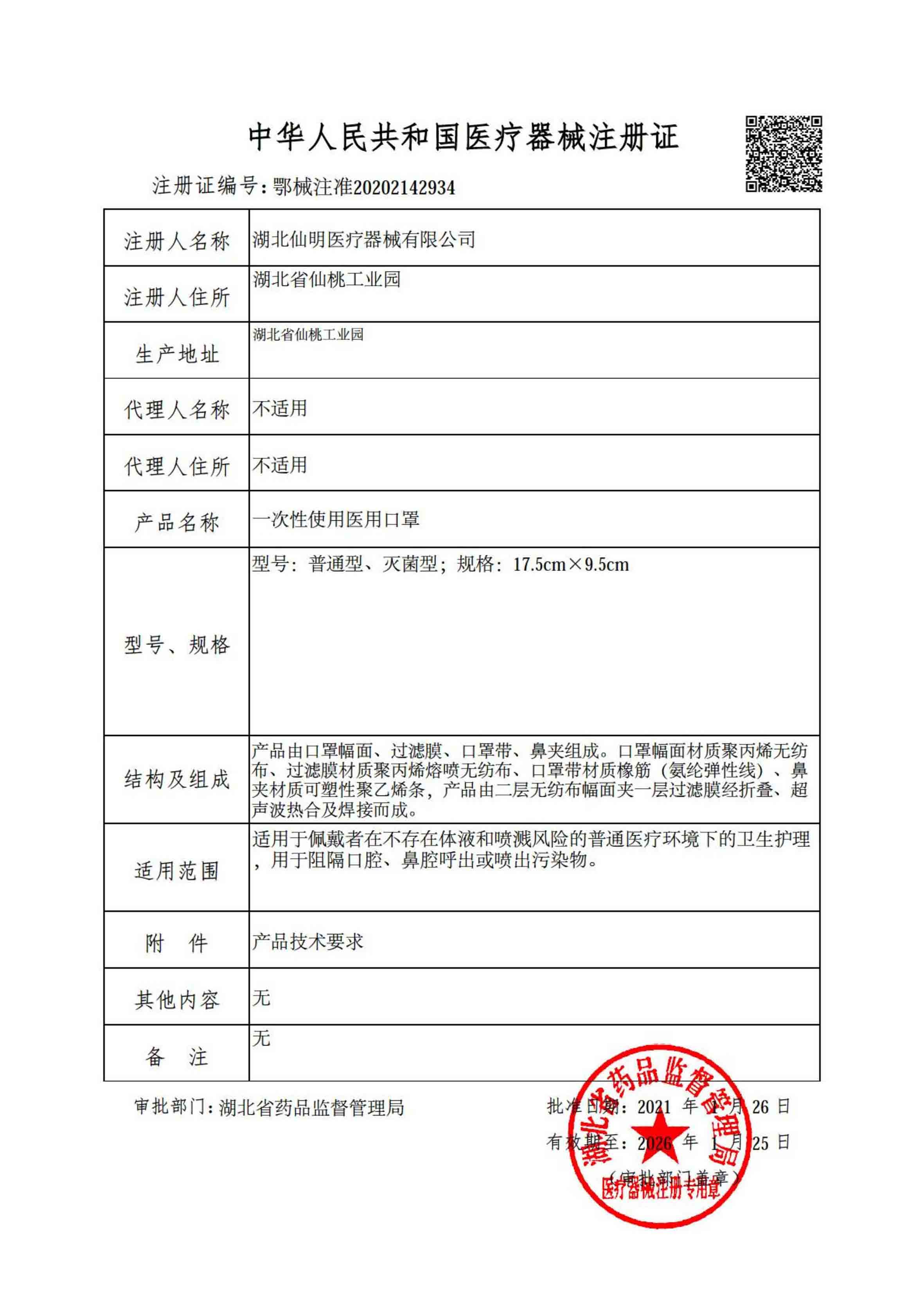 二類醫療器械注冊證（醫用口罩）